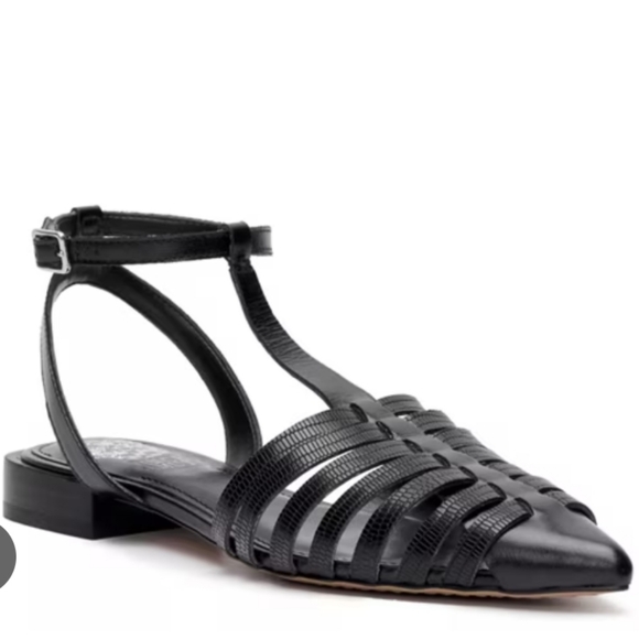 Vince Camuto Caleren Flat Strappy Pointy Toe Sandals Size Black Leather Classic - Picture 1 of 8